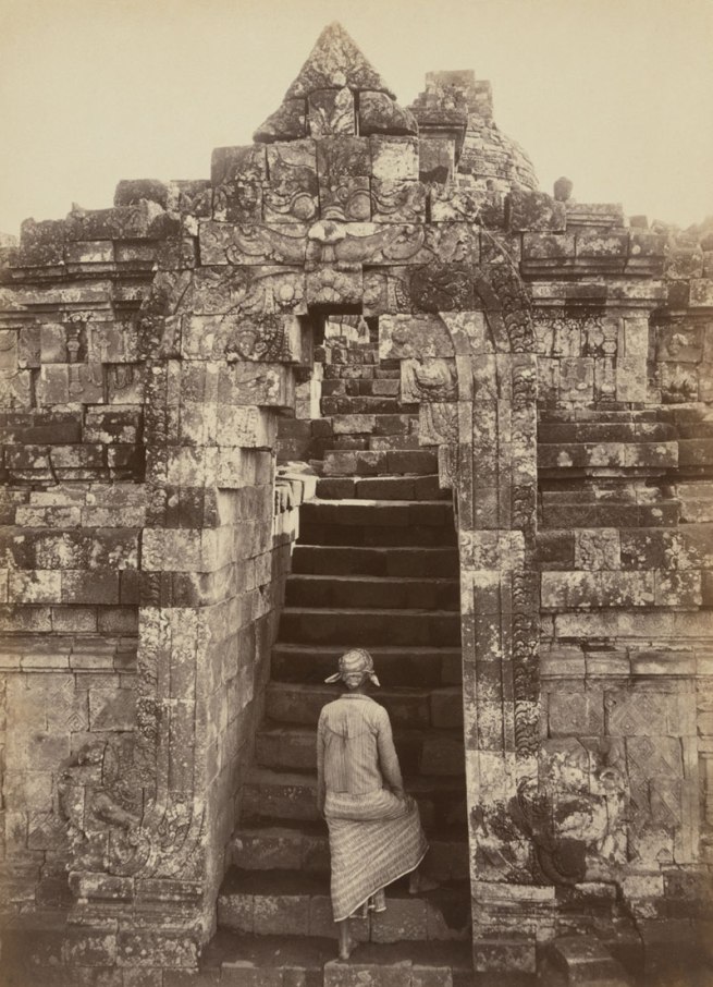 Kassian Céphas Indonesia 1845-1912 'Man climbing the front entrance to Borobudur' Central Java 1872