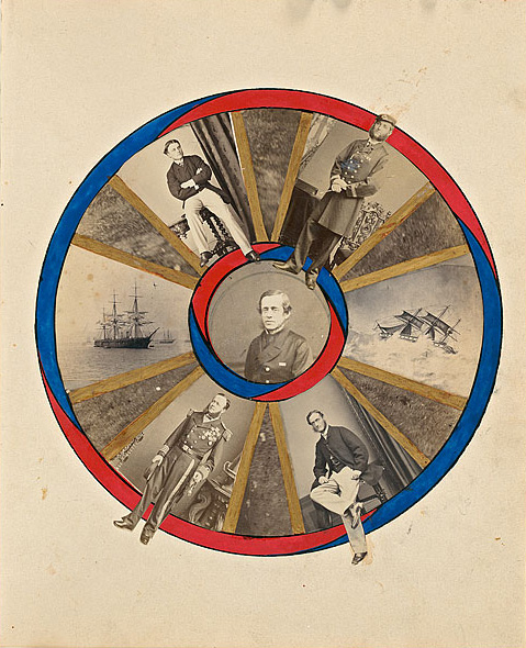 Viscount Jocelyn (Great Britain, 1820-1880) attributed to. 'Circular design containing five male studio portraits and two ships' c. 1860