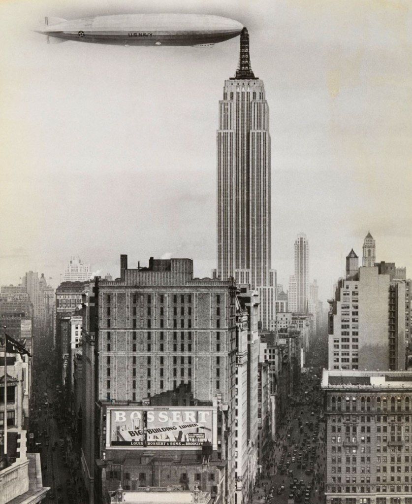 Unidentified American artist. 'Dirigible Docked on Empire State Building, New York' 1930