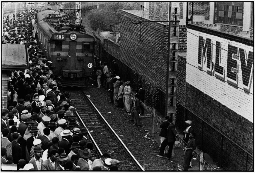 Ernest Cole. 'Africans throng Johannesburg station platform during late afternoon rush' 1960-1966