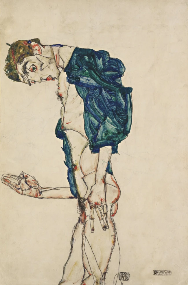 Egon Schiele (Austrian, 1890-1918) '“Prediger” (Selbstakt mit blaugrünem Hemd) ["Preacher" (Nude with teal shirt)]' 1913 