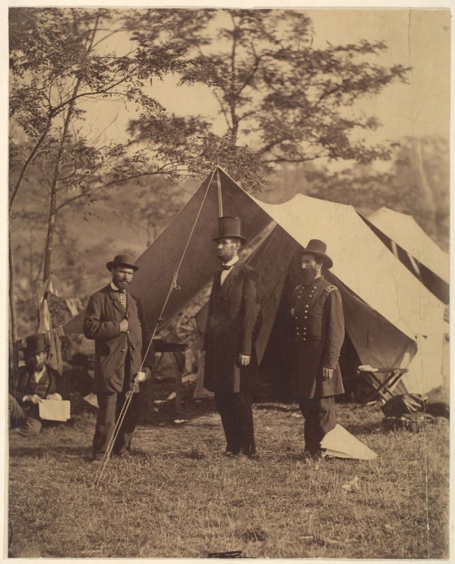 Alexander Gardner (American, Glasgow, Scotland 1821-1882 Washington, D.C.;) '[President Abraham Lincoln, Major General John A. McClernand (right), and E. J. Allen (Allan Pinkerton, left), Chief of the Secret Service of the United States, at Secret Service Department, Headquarters Army of the Potomac, near Antietam, Maryland]' October 4, 1862