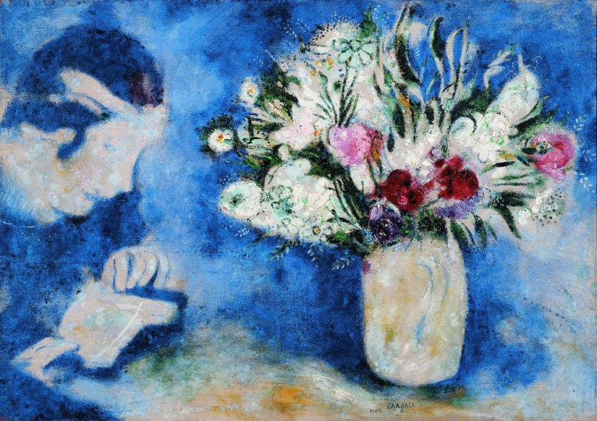 Marc Chagall. 'Bella con un libro e un vaso di fiori (o Bella a Mourillon)' 1926