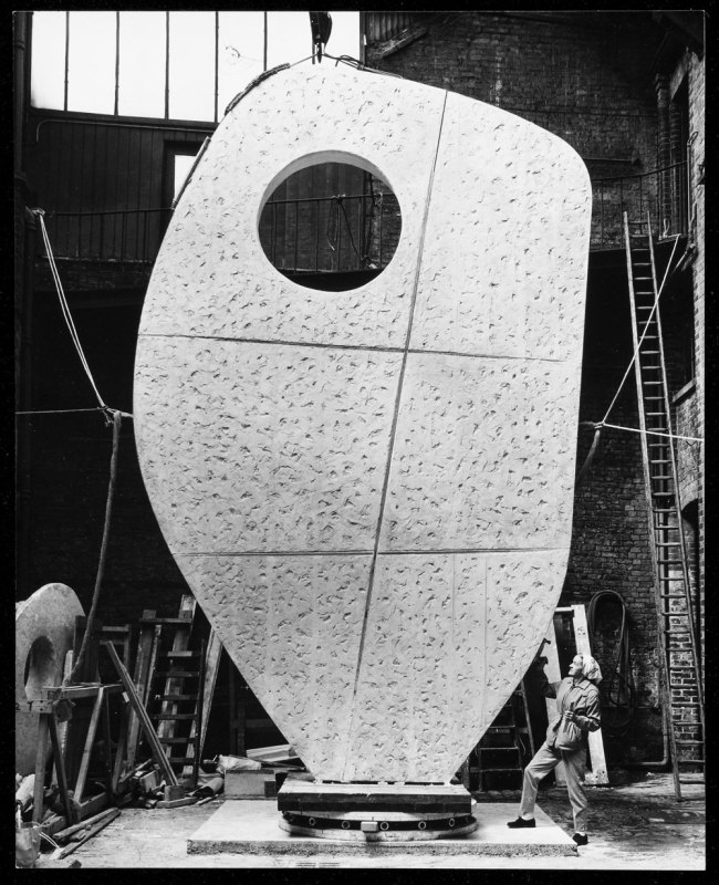 Morgan-Wells. 'Barbara Hepworth with the plaster of Single Form 1961-4 at the Morris Singer foundry, London, May 1963' 1963