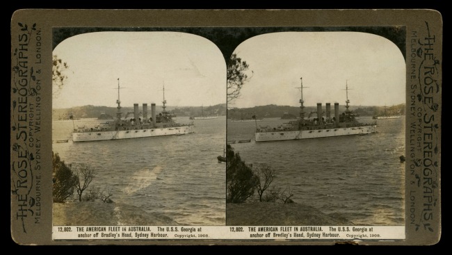 The Rose Stereographs. 'The U.S.S. Georgia at anchor off Bradley's Head, Sydney Harbour' 1908