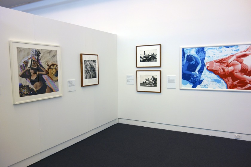Installation view of the exhibition 'On the beach' at the Mornington Peninsula Regional Art Gallery showing on the wall left hand side, photographs by Rennie Ellis