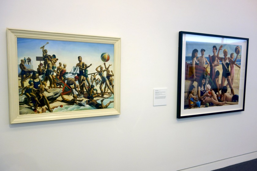 Installation photograph of Charles Meere's painting 'Australian beach pattern' (1940) and Anne Zahalka's photograph 'The bathers' (1989) from the series 'Bondi: playground of the Pacific' 1989
