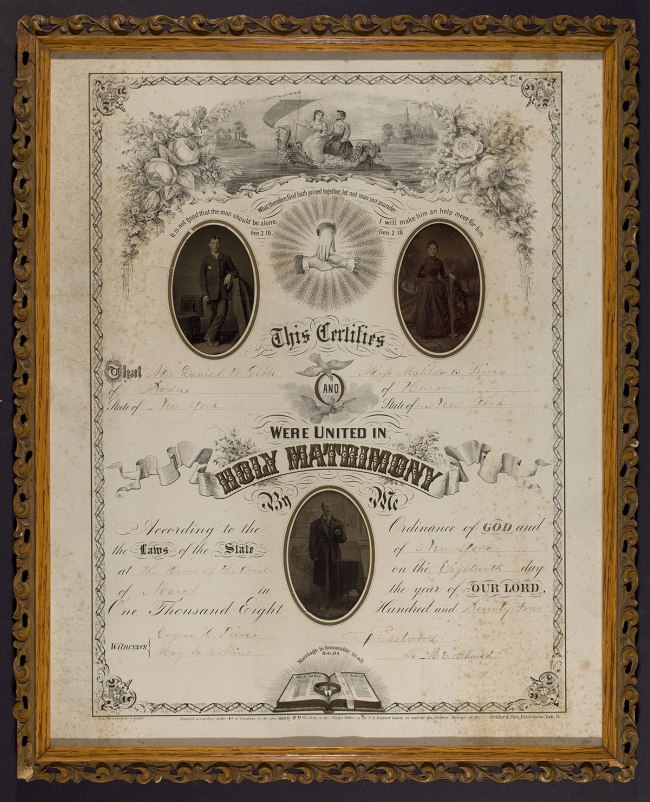 Unidentified maker. 'Certificate of Marriage between Daniel W. Gibbs and Matilda B. Pierce' c. 1874