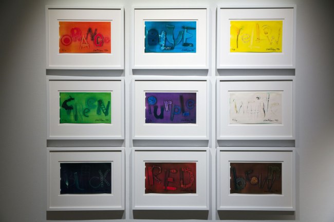 Installation view of Paul Hartigan (New Zealand) 'Colourwords' 1980-81 as part of the exhibition 'Emanations: The Art of the Cameraless Photograph' at the Govett-Brewster Art Gallery
