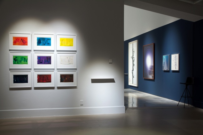 Installation view of Paul Hartigan (New Zealand) 'Colourwords' 1980-1981 as part of the exhibition 'Emanations: The Art of the Cameraless Photograph' at the Govett-Brewster Art Gallery