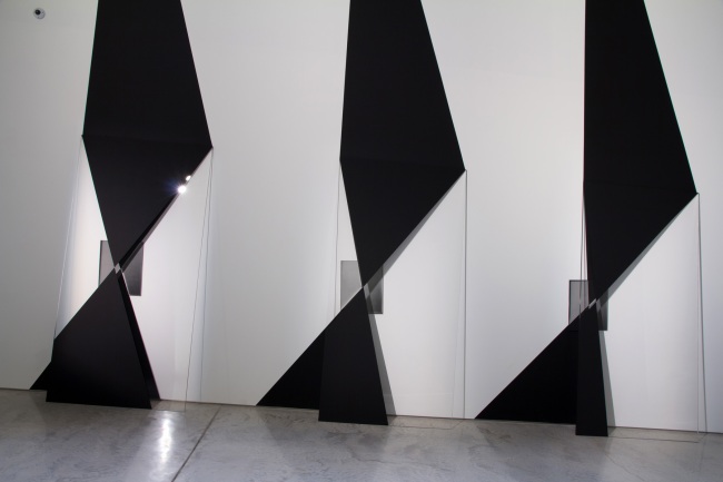 Installation view of Andrew Beck ‘Double Screen’ 2016 part of the exhibition 'Emanations: The Art of the Cameraless Photograph' at the Govett-Brewster Art Gallery