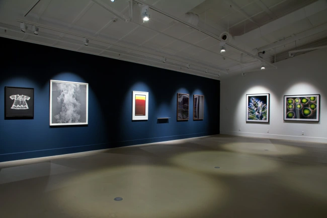 Installation view of the exhibition 'Emanations: The Art of the Cameraless Photograph' at the Govett-Brewster Art Gallery with at right, the work of Robert L. Buelteman