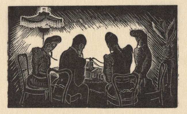 Helen Ogilvie (Australia 1902-93) '(Four figures seated at a table listening to a phonograph through earpieces)' c. 1947