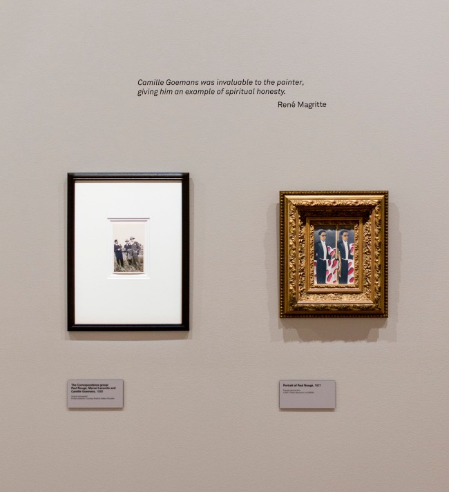Installation view of the exhibition 'René Magritte: The Revealing Image' at the Latrobe Regional Art Gallery with at left, René Magritte's The Correspondance Group, 1928 (Paul Nougé, Marcel Lecomte and Camille Goemans), paired with René Magritte's Portrait of Paul Nougé, 1927 at right.