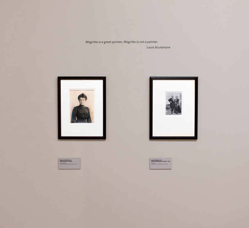 Installation view of the exhibition 'René Magritte: The Revealing Image' at the Latrobe Regional Art Gallery with at left, Régina Bertinchamps, René Magritte's mother by an unknown photograper, Nd; and at right, Léopold Magritte and Régina Bertinchamps, Lessines, 1898 also by an unknown photographer.