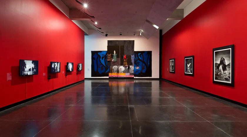 Installation view of the exhibition 'All the better to see you with: Fairy tales transformed' at The Ian Potter Museum of Art, Melbourne showing the work of Lotte Reiniger (left), Sally Smart (middle), and Miwa Yanagi (right)