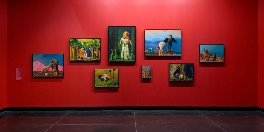 Installation view of the exhibition 'All the better to see you with: Fairy tales transformed' at The Ian Potter Museum of Art, Melbourne showing the work of Amanda Marburg ('Juniper Tree' 2016; 'Hansel and Gretel' 2016; 'Maiden without hands' 2016; 'Death and the Goose boy' 2015; 'The Golden Ass' 2016; 'Hans My Hedgehog' 2016; 'Briar Rose' 2016; and 'All Fur' 2016)
