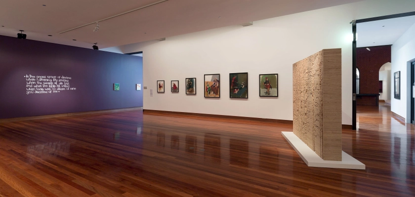 Installation view of the exhibition 'All the better to see you with: Fairy tales transformed' at The Ian Potter Museum of Art, Melbourne showing Kate Daw's work 'Lights No Eyes Can See (2)' (2017) at left; the work of Paula Rego middle; and Kylie Stillman's 'Scape' (2017) right