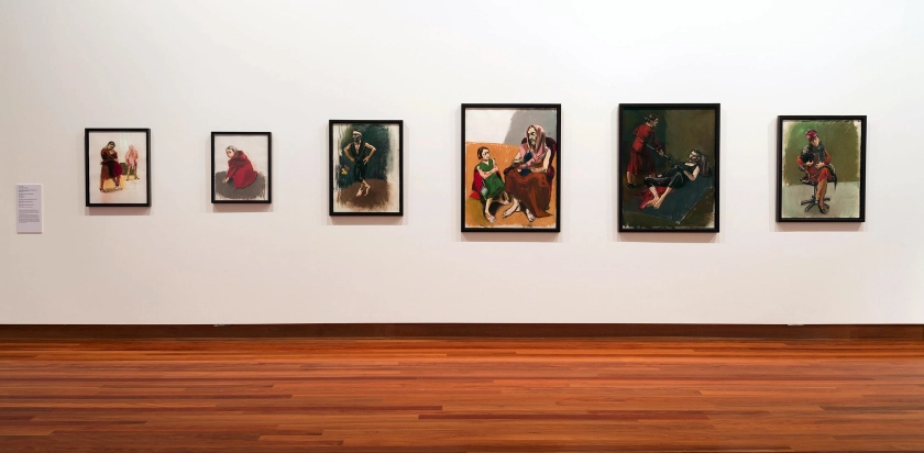 Installation view of the exhibition 'All the better to see you with: Fairy tales transformed' at The Ian Potter Museum of Art, Melbourne showing the work of Paula Rego (from left to right, 'Happy Family - Mother, Red Riding Hood and Grandmother' 2003; 'Red Riding Hood on the Edge' 2003; 'The Wolf' 2003; 'The wolf chats up Red Riding Hood' 2003; 'Mother Takes Her Revenge' 2003; and 'Mother Wears the Wolf's Pelt' 2003)