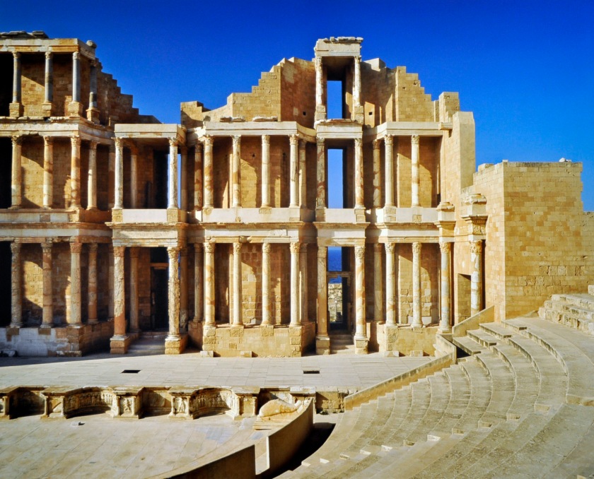 Installation view of the exhibition 'John Gollings: The history of the built world' at the Monash Gallery of Art showing Gollings' photograph 'Sabratha Theatre, Sabratha, Libya' 2005
