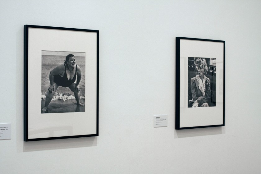 Installation view of the exhibition 'Diane Arbus: American Portraits' at the Heide Museum of Modern Art, Melbourne showing at left, Lisette Model's 'Coney Island Bather, New York' 1939-1941 and at right, Lisette Model's 'Woman with Veil, San Francisco' 1949