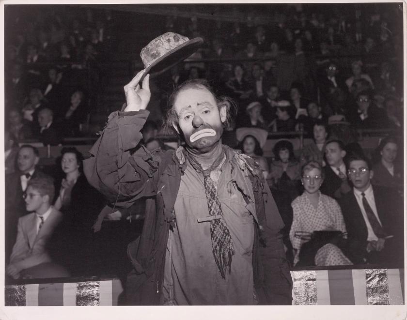 Weegee (Arthur Fellig) (American, born Austria, 1899-1968) 'Emmett Kelly, Ringling Brothers and Barnum & Bailey Circus' Negative May 1943; print about 1950