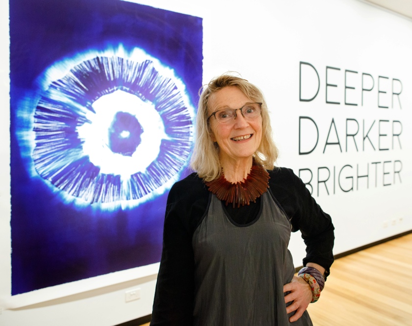 Carolyn Lewens in front of her work 'In the Photic Zone' 2018 at the opening of the exhibition 'Deeper Darker Brighter' at Town Hall Gallery, Hawthorn Arts Centre, Melbourne