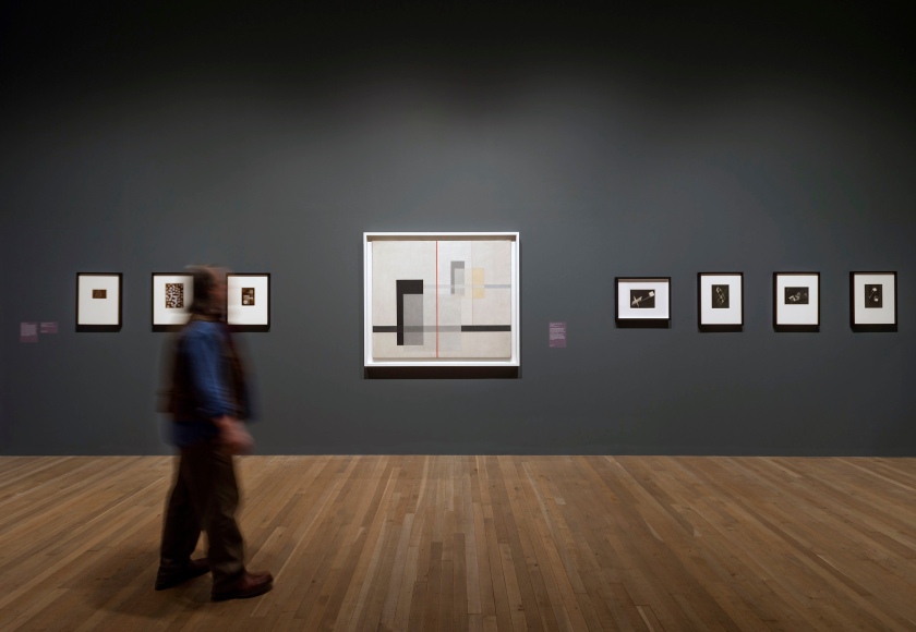 Installation view of the exhibition 'Shape of Light: 100 Years of Photography and Abstract Art' at Tate Modern, London showing László Moholy-Nagy's 'K VII' at centre