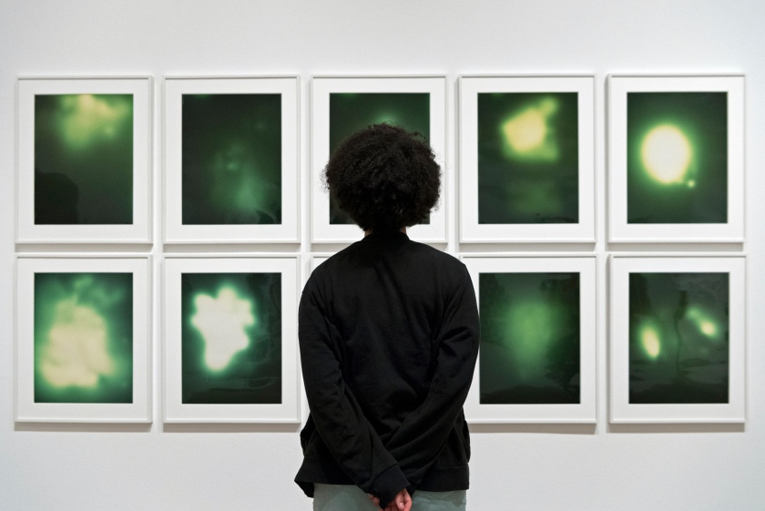 Installation view of the exhibition 'Shape of Light: 100 Years of Photography and Abstract Art' at Tate Modern, London showing Sigmar Polke's 'Untitled (Uranium Green)' 1992