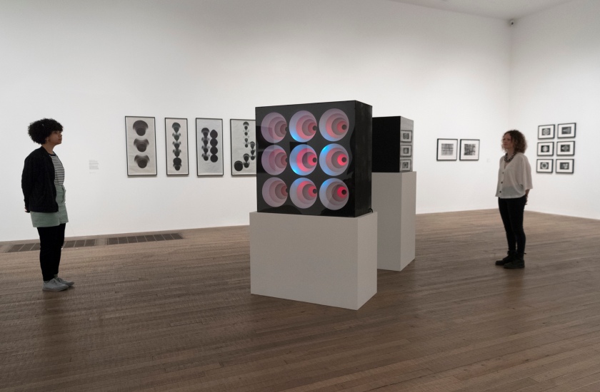 Installation view of the exhibition 'Shape of Light: 100 Years of Photography and Abstract Art' at Tate Modern, London showing Gregorio Vardanega's 'Circular Chromatic Spaces' 1967