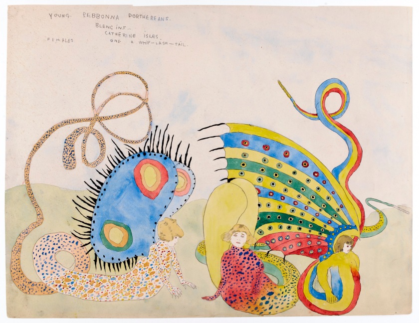 Henry Darger (American, 1892-1973) 'Young Rebonna Dorthereans Blengins - Catherine Isles, Female, One Whip-Lash-Tail' 1920-1930