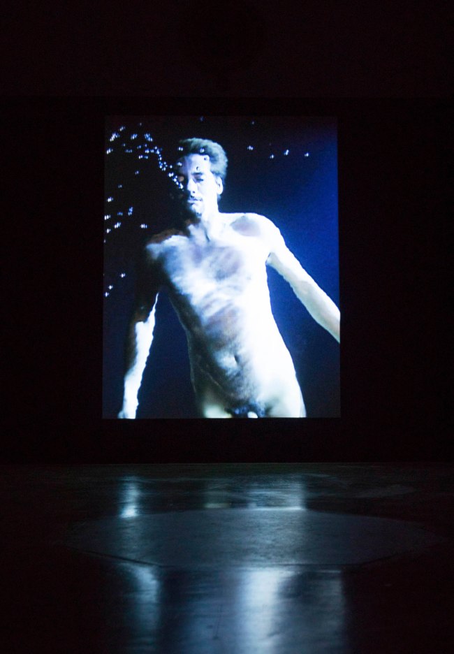 Installation view of the exhibition 'Bill Viola/Michelangelo: Life, Death, Rebirth' at the Royal Academy of Arts, London showing Bill Viola's 'The Messenger', 1996