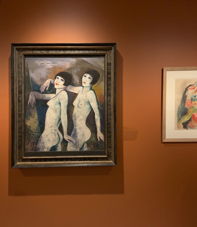 Installation view of the exhibition 'Into the Night: Cabarets and Clubs in Modern Art' at the Barbican Art Gallery, London showing at left, Karl Hofer's 'Tiller Girls' (before 1927)