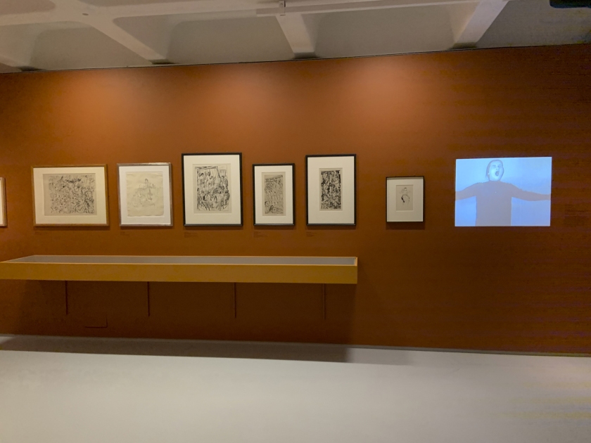 Installation view of the exhibition 'Into the Night: Cabarets and Clubs in Modern Art' at the Barbican Art Gallery, London showing the work of George Grosz and Max Beckmann