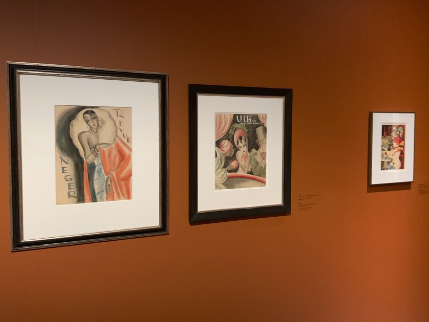 Installation view of the exhibition 'Into the Night: Cabarets and Clubs in Modern Art' at the Barbican Art Gallery, London showing on the left, the work of Dodo Burgner and on the right, the work of George Grosz