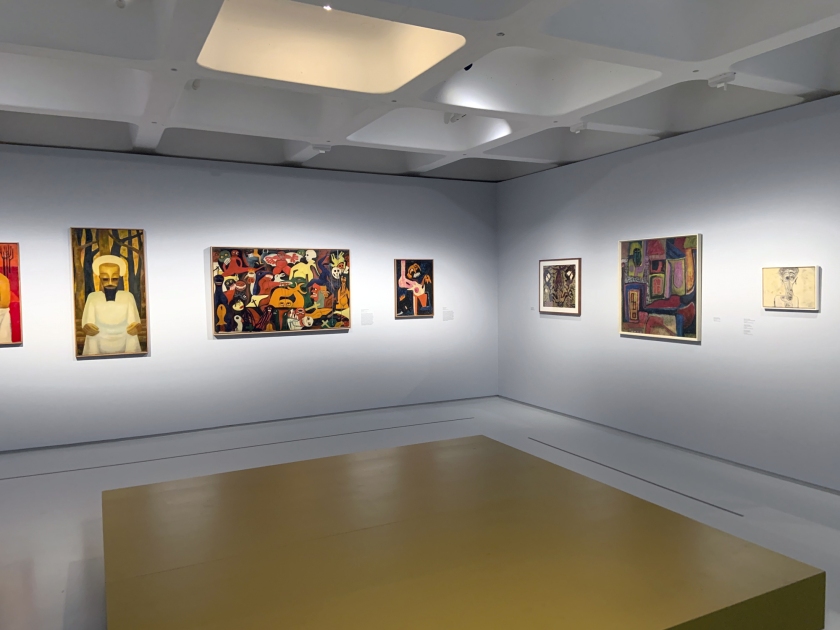 Installation view of the exhibition 'Into the Night: Cabarets and Clubs in Modern Art' at the Barbican Art Gallery, London showing at second left, Valente Malangatana Ngwenya's 'Untitled' (1961)