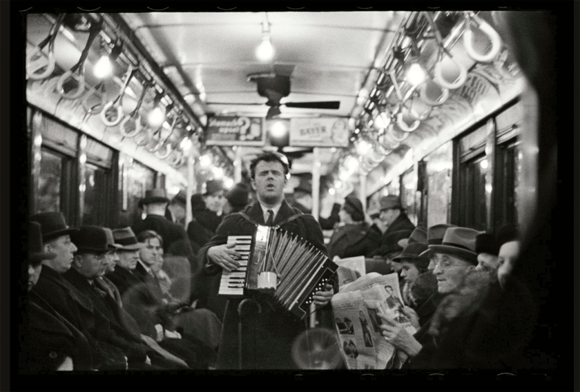 Walker Evans (American, 1903-1975) 'View Down Subway Car with Accordionist Performing in Aisle, New York City' 1938-1941