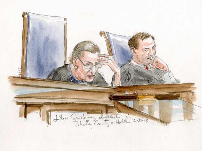 Art Lien. 'Courtroom sketch of Justice Ginsburg's dissent in Shelby County v. Holder' June 25, 2013