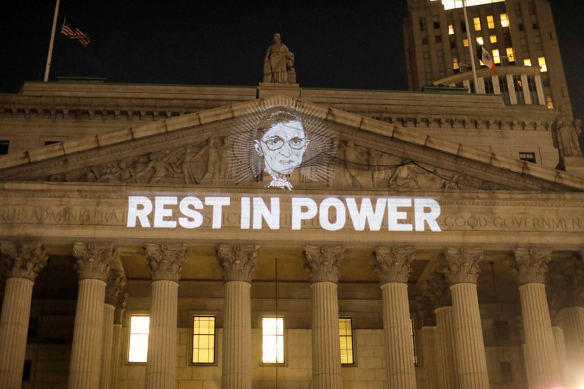 REUTERS/Andrew Kelly. 'RBG image projected onto New York State Civil Supreme Court building in Manhattan' September 19, 2020