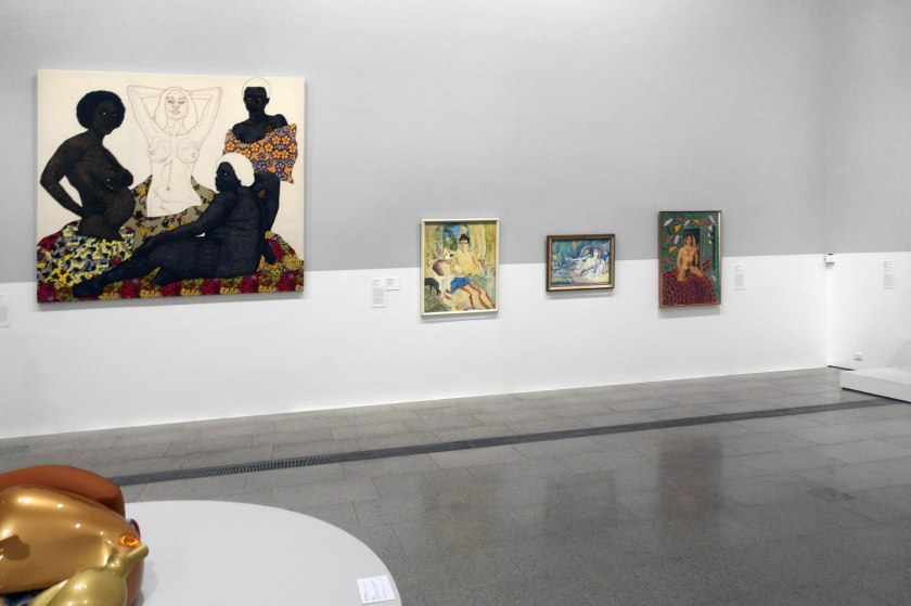 Installation view of the exhibition 'WHO ARE YOU: Australian Portraiture' at NGV Australia, Federation Square, Melbourne showing at left, Pierre Mukeba's 'Impartiality' (2018); at second right, William Frater's 'Reclining nude' (c. 1933); and at right, Pat Larter's 'Marty' (1995)