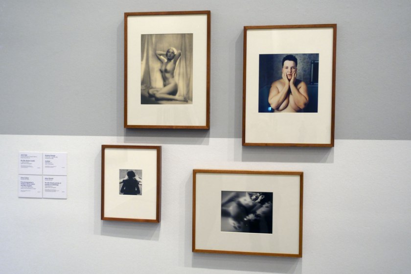 Installation view of the exhibition 'WHO ARE YOU: Australian Portraiture' at NGV Australia, Federation Square, Melbourne showing at top left, Jack Cato's 'No title (Nude model)' (c. 1928-1932); at top right, Virginie Grange's 'Untitled' (1990); at bottom left, Olive Cotton's 'The photographer’s shadow (Olive Cotton and Max Dupain)' (c. 1935); and at bottom right, Athol Shmith's 'No title (Nude portrait of woman on beanbag)' (1970s)