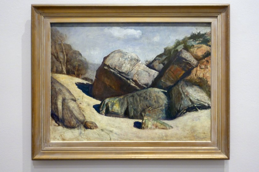Installation view of the exhibition 'WHO ARE YOU: Australian Portraiture' at NGV Australia, Federation Square, Melbourne showing Lloyd Rees' 'Portrait of some rocks' 1948