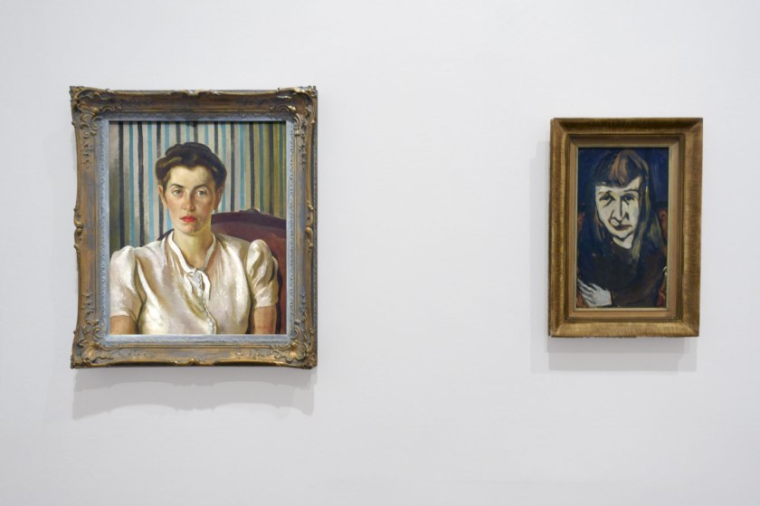 Installation view of the exhibition 'WHO ARE YOU: Australian Portraiture' at NGV Australia, Federation Square, Melbourne showing at left, Adelaide Perry's 'Rachel Roxburgh' (1939); at second left, Joy Hester's 'Pauline McCarthy' (1945)