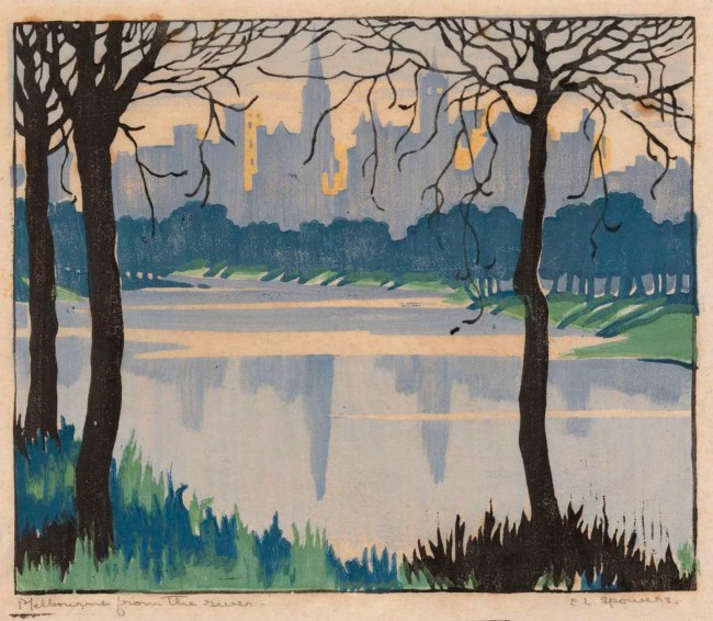 Ethel Spowers (Australian, 1890-1947) 'Melbourne from the river' c. 1924