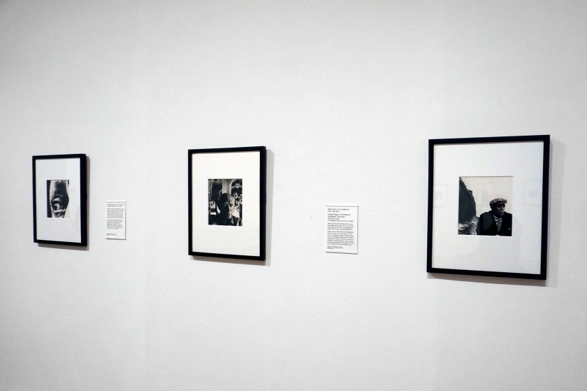 Installation view of the exhibition 'Bill Brandt: Inside the Mirror' at Tate Britain, London, October 2022 - January 2023 showing from left to right, Brandt's photograph 'Louise Nevelson's Eye' (1963); 'Pablo Picasso at "La Californie"' (1955); 'Georges Braque on the beach at Varengeville, Normandy' (1955)