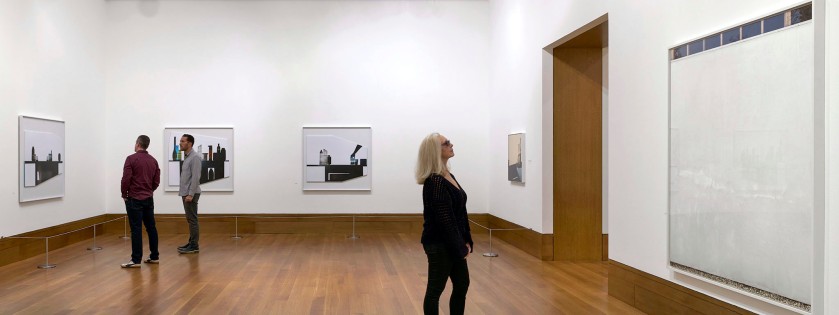 Installation view of the exhibition 'Uta Barth: Peripheral Vision' at the J. Paul Getty Museum, Los Angeles showing from left to right, 'In the Light and Shadow of Morandi (17.12)', 2017; 'In the Light and Shadow of Morandi (17.03)', 2017; 'In the Light and Shadow of Morandi (17.06)'; 'Thinking about... In the Light and Shadow of Morandi', 2018; 'Untitled (17.01)', 2017