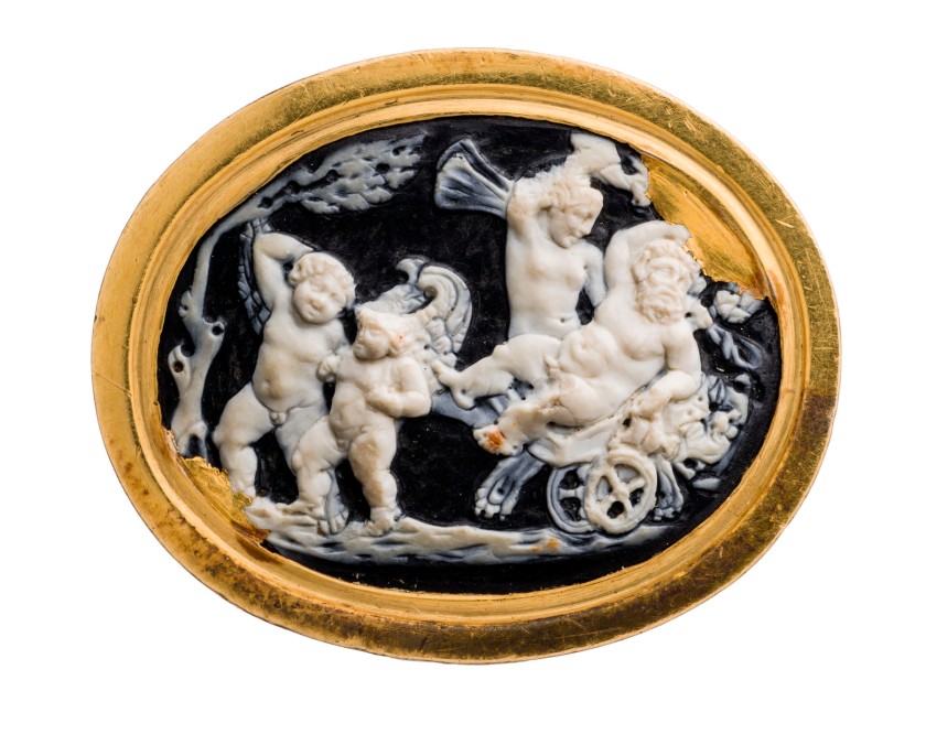 'Drunken Silenus on chariot with erotes and Psyche' c. 25-0 BC (cameo), 18th century (ring)
