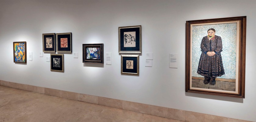 Installation view of the exhibition 'In the Eye of the Storm: Modernism in Ukraine, 1900-1930s' at the Thyssen-Bornemisza Museum, Madrid showing at right, Davyd Burliuk's 'Ukrainian Peasant Woman' 1910-1911