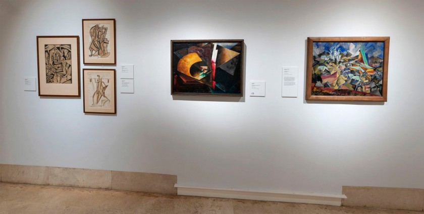 Installation view of the exhibition 'In the Eye of the Storm: Modernism in Ukraine, 1900-1930s' at the Thyssen-Bornemisza Museum, Madrid showing at centre El Lissitzky's 'Composition' 1918-1920s