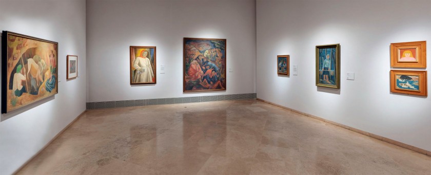 Installation view of the exhibition 'In the Eye of the Storm: Modernism in Ukraine, 1900-1930s' at the Thyssen-Bornemisza Museum, Madrid showing at centre Manuil Shekhtman's 'Jewish Pogrom' (1926)